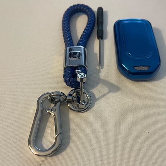 Honda Key Fob Keychain in Blue Leather & Fob Case Cover in Blue NWT - Picture 2 of 7